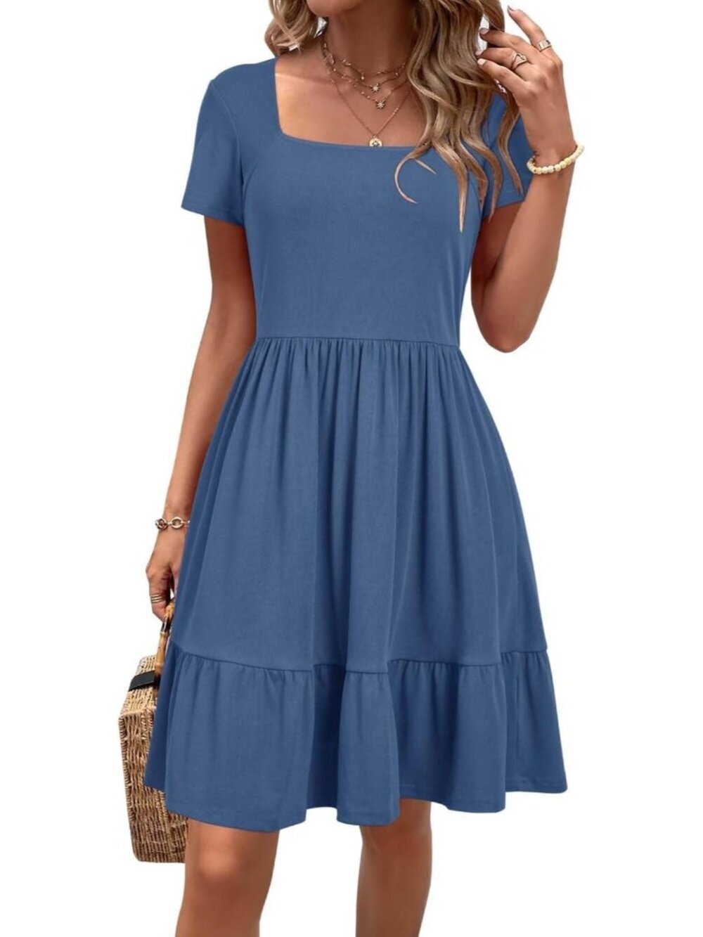 Women's Blue Short Sleeve Square Neck Dresses Casual Beach Vacation Mini Dress